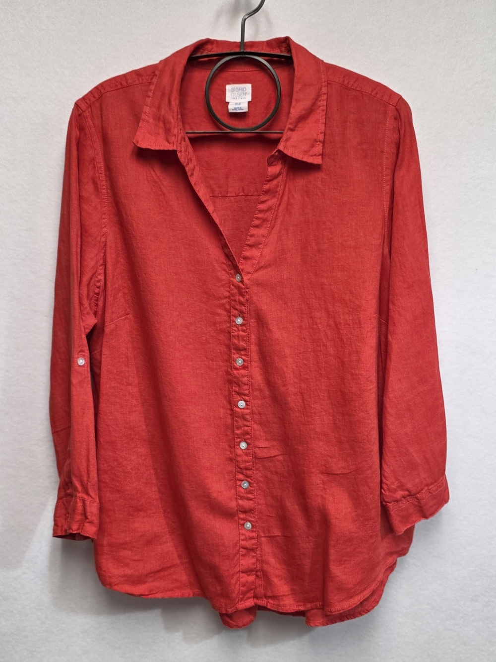 Sigrid Olsen Womens Size 1X Deep V-Neck Linen Roll Tab Sleeve Button-Down Shirt